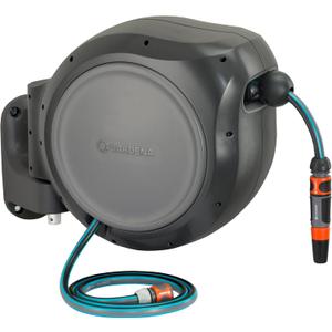 GARDENA Retractable Garden Hose Reel - 100 Feet - Auto Retract Hose Reel with 180 Swivel Wall Mount - Heavy Duty - Integrated Spray Nozzle - 08055