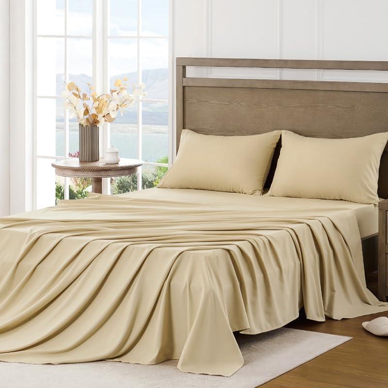 FreshCulture Queen Sheet Set - Ultra Soft Sheets for Queen Size Bed - Brushed Microfiber - Deep Pockets - Easy Care - Cooling & Breathable Sheets - 4 Pieces Hotel Luxury Queen Bed Sheets (Beige)