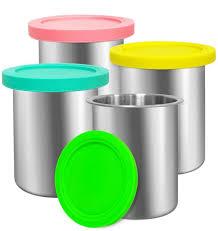 Stainless Steel CreameContainers – 4 Pack, Fit for Deluxe Ice Cream Makers, Silicone Lids, BPA-Free, Dishwasher Safe,