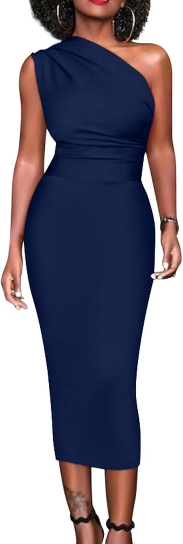 Memoriesea Women's Sexy One Shoulder Sleeveless Bodycon Ruched Midi Club Party Dress (Large, Navyblue)