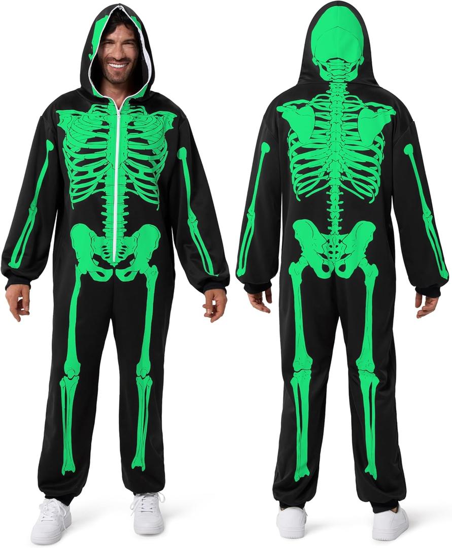 Spooktacular Creations Halloween Skeleton Costume, Adult Skeleton Costume, Skull Jumpsuit for Halloween Cosplay Party (Large, Fluorescent Green)
