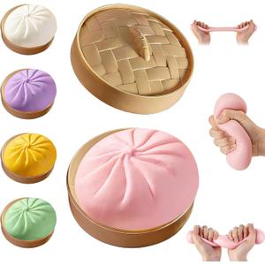 Dumpling Squishy,Giant Glitter Dumpling,Mystery Squishy Dumplings Box,Jumbo Squishy Toy with Steamer Box,Soft Squeeze Decompression Dough,Easter Basket Stuffers (Pink)