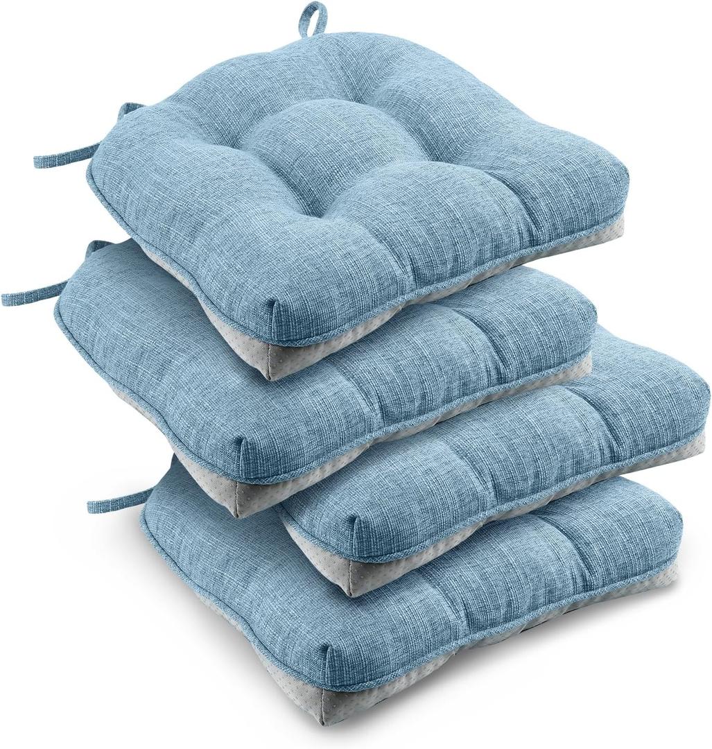 Downluxe Indoor Chair Cushions for Dining Chairs, Tufted Overstuffed Textured Kitchen Chair Pads with Ties and Non-Slip Backing, 15.5" x 15.5" x 4", Light Blue, 4 Pack