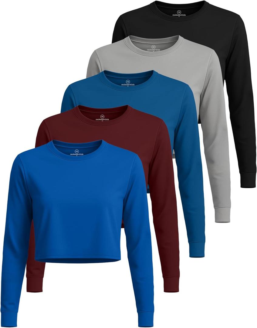 2 x 5 Pack Women's Dry Fit Long Sleeve Crop Tops Workout Athletic Crew Neck Tee | Available In Plus Size, Basic Casual Gym Running Yoga Pilates Exercise Shirts, Plain Moisture Wicking, Cute Trendy Cropped (M)