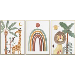 Wodkwq Nursery Wall Art Safari Animal Canvas Prints Girl Boy Baby Room Decor Poster Toddler Room Decoration Boho Rainbow Painting Jungle Pictures Set of 3 for Kids Bedroom Bathroom 12x16in Unframed