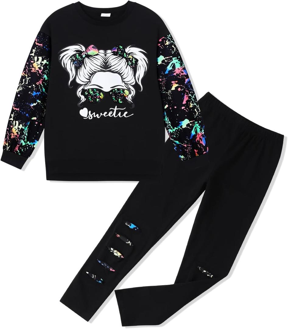 Girls 2 Piece Outfits Teen Girl Cotton Clothes Sweatshirt and Leggings Fall Winter Pullover Sweatsuit Tracksuits (6-7Y, Black)