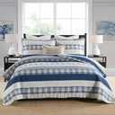 Homzard Queen Size Comforter Set - Blue White Tan Striped Queen Quilt Set,Plaid Striped Bedding Quilt, Farmhouse Bedspread Queen Size, Lightweight Bedding Quilts 3 Pieces All Season (Queen (90"x98"))