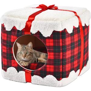 Cat Bed for Indoor Cats Cube House, Gift Box Cat Beds House for Kittens and Small Animals, Portable Warm Covered Cat Cave Beds for Christmas, Cat Hideaway Beds, Red