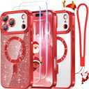 Meifigno Designed for iPhone 17 Pro Case Christmas Red, [Glitter Card & Wrist Strap][Compatible with MagSafe] [2X Screen Protectors] Surround Raised Lens Protection for 17 Pro Phone Case Women, Red