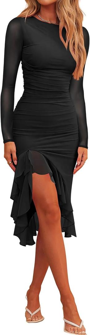 Nova In Sky Women's Sexy Ruched Bodycon Midi Dress Mesh Long Sleeve Ruffle Hem Formal Wedding Guest Cocktail Party Dress (Medium, Black)