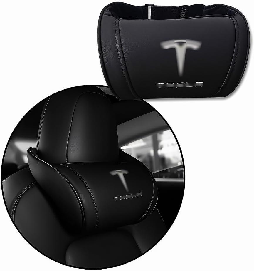 Car Headrest Neck Pillow Support Memory Foam Ergonomic Design Accessory for Driving Seat Fatigue Relief Compatible with Model S X 3 Y & Cybertruck - 1 Piece (A. Black Ver. 2)