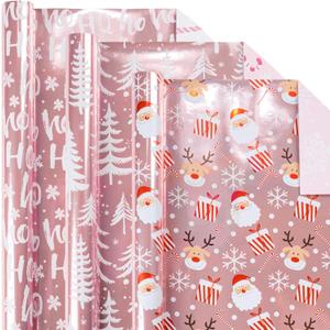 Burymento Christmas Wrapping Paper, Reversible Pink Christmas Tree, HO Santa Laughter, Snowflake, Reindeer, Design Gift Wrapping Paper Suitable for Holiday, Mini Roll (17 Inch X 120 Inch)