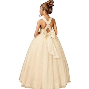 Girls Ball Gown Satin Bodice Tulle Princess Pageant Flower Girl Dress Cross Strap Junior Bridesmaid Dresses with Bow Size 6