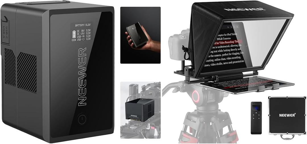 Neewer V Mount Battery PS150E Supports 100W PD USB C Fast Charging, 10350mAh 150Wh 14.54V, with D Tap/USB C/USB A/BP/Dual DC Ports/OLED Screen, Teleprompter X14 with RT-110 Remote Control Included