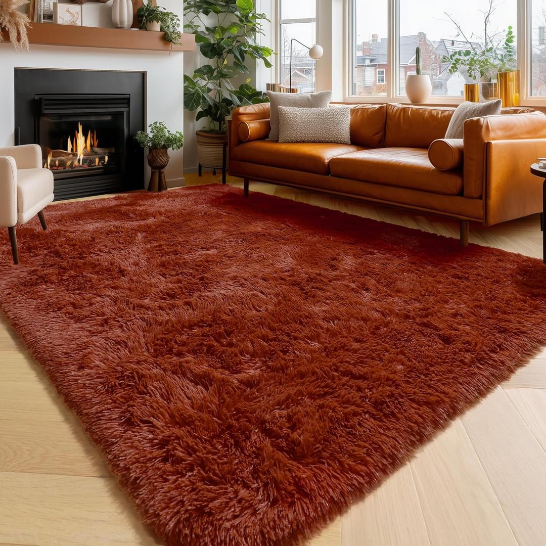 Amdrebio Terracotta Rust Area Rugs for Bedroom Living Room, 6x9 Shaggy Furry Fuzzy Fluffy Rug for Kids Room Decor Aesthetic, Large Cute Plush Shag Rustic Carpet for Nursery Dorm Classroom Playroom