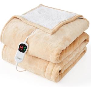 Homemate Electric Heated Blanket Twin - 62"x84" Heating Bed Blankets Throw with 10 Heating Levels 8 Hours Auto Off Fast Heating Over-Heated Protection Ultra Soft Warm Flannel ETL Certified Beige