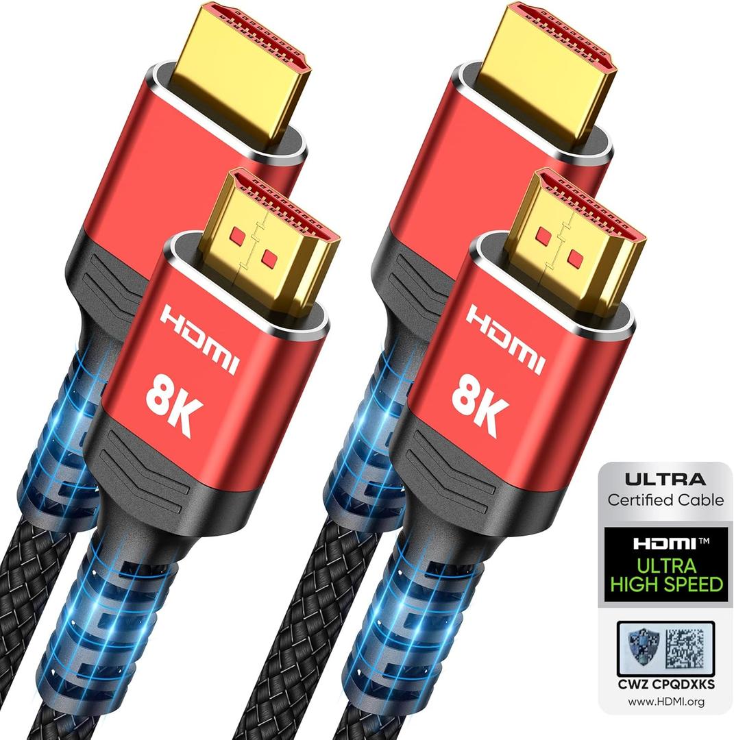 Highwings 8K 10K HDMI 2.1 Cable 6.6FT/2M 2-Pack, Certified Ultra High Speed HDMI Cable Braided Cord-4K@120Hz 8K@60Hz, DTS:X, HDCP 2.2 & 2.3, HDR 10 Compatible with Roku TV/HDTV/Blu-ray (Red)