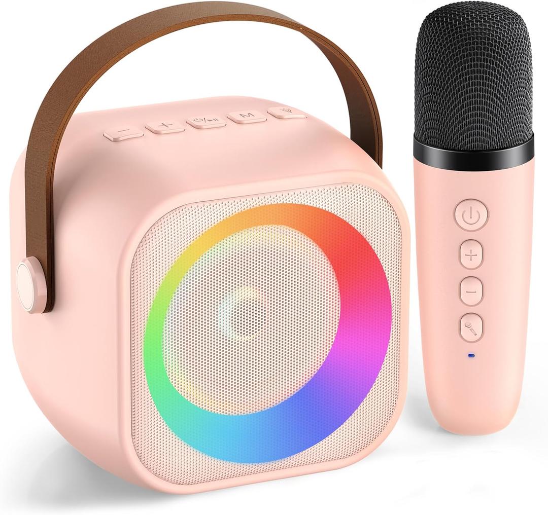 Mini Karaoke Machine for Kids Adults, Portable Bluetooth Speaker with Wireless Microphone, for Girls 4,5,6,7,8,9,10,12 Year Old Karaoke Toys Birthday Gifts Home Party (Pink color 1 Mic)