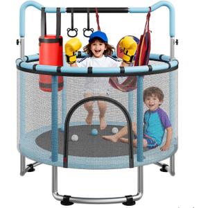 55/60" Trampoline for Kids, 4.5/5 FT Toddler Trampoline with Enclosur Net, Basketball Hoop & Sandbag, 440 LBS Capacity, Adjustable HeightGifts for Ages 3-12 Boys & Girls (Blue)