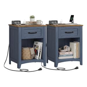 VASAGLE Farmhouse Nightstands with Charging Station, 1 Drawer, Set of 2