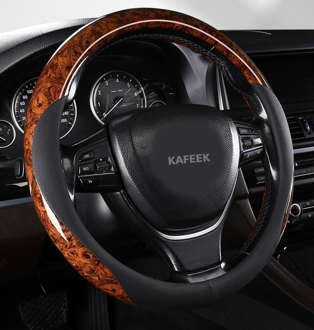 KAFEEK Wood Grain Steering Wheel Cover Microfiber Leather Universal 14 1/2-15 inch, Car Steering Wheel Cover Men Women, Comfortable, Anti-Slip, Odorless, Brown