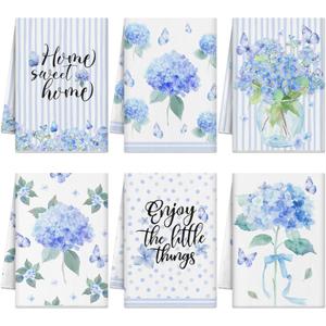6Pcs Spring Hydrangea Kitchen Towels Set Blue Floral Butterfly Hand Dish Towels Blue Hydrangea Microfiber Dishcloths Kit Spring Tea Guest Towel Kitchen Bathroom Home Decor Housewarming Gifts
