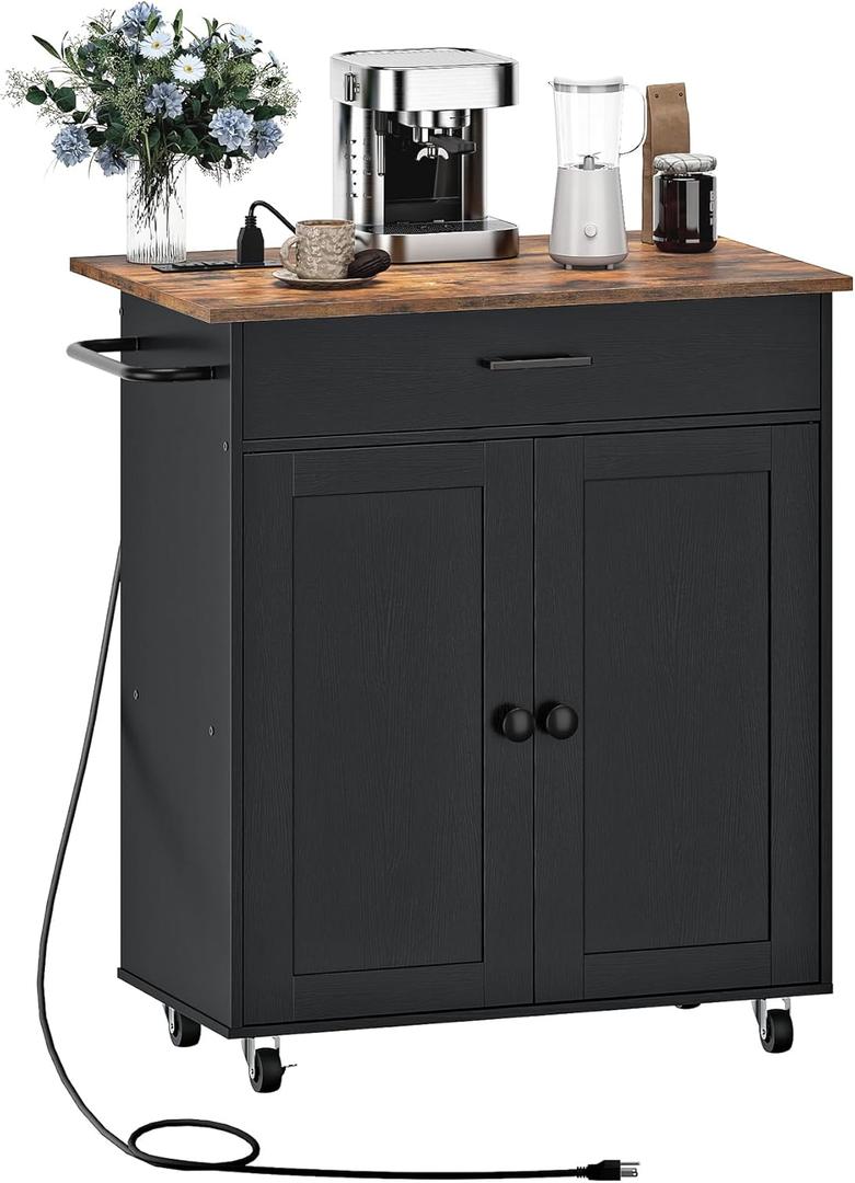 Kitchen Island, Kitchen Island Cart with One Double Cabinet and Drawer, Rolling Storage Cart with Power Strip, with Drop Leaf, for Kitchen, Living Room, Black and Rustic Brown MZD01UBFN1