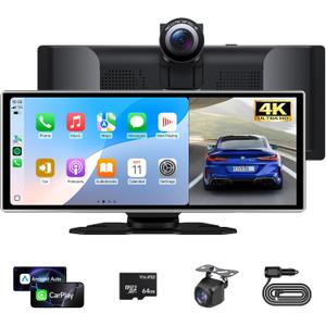 11.26'' Portable Carplay Screen for Car with 4K Dash Cam & 1080P Backup Camera, Wireless A-pple Carplay & Android Auto in Cell Touchscreen Bluetooth Smart Car Screen, Navigation/Mirror Link/Siri/FM