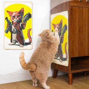 SOLDAY Sisal Cat Scratcher Mat 22x13 inch for Floor Wall Carpet Couch Furniture, Cat Scratching Posts Board with Velcro Tape, Anti Scratch Furniture Protector(Pistol Cat)
