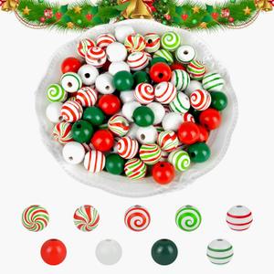 240 Piece Christmas Wooden Candy Cane Swirl Beads - Red, Green, White 16mm Round Craft Beads for Xmas, Jewelry, Garland, Party, Home Decoration