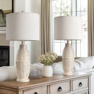 BOBOMOMO 25" Rustic Farmhouse Table Lamps Set of 2, Vintage Resin Nightstand Lamps with Fabric Shades, Retro Bedside Lamps for Bedroom, Living Room, Dining Room, Home Decoration (2 Pack Rotary Switch-Yellow)