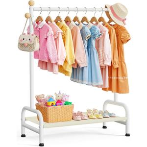 Clothes Rack - Sturdy Metal Kids Clothing Rack with Bottom Storage Shelf & Adjustable Feet, Dress Up Storage for Toddler's Bedrooms, Nurseries, Playrooms, 31" x 12.5" x 47.8", White