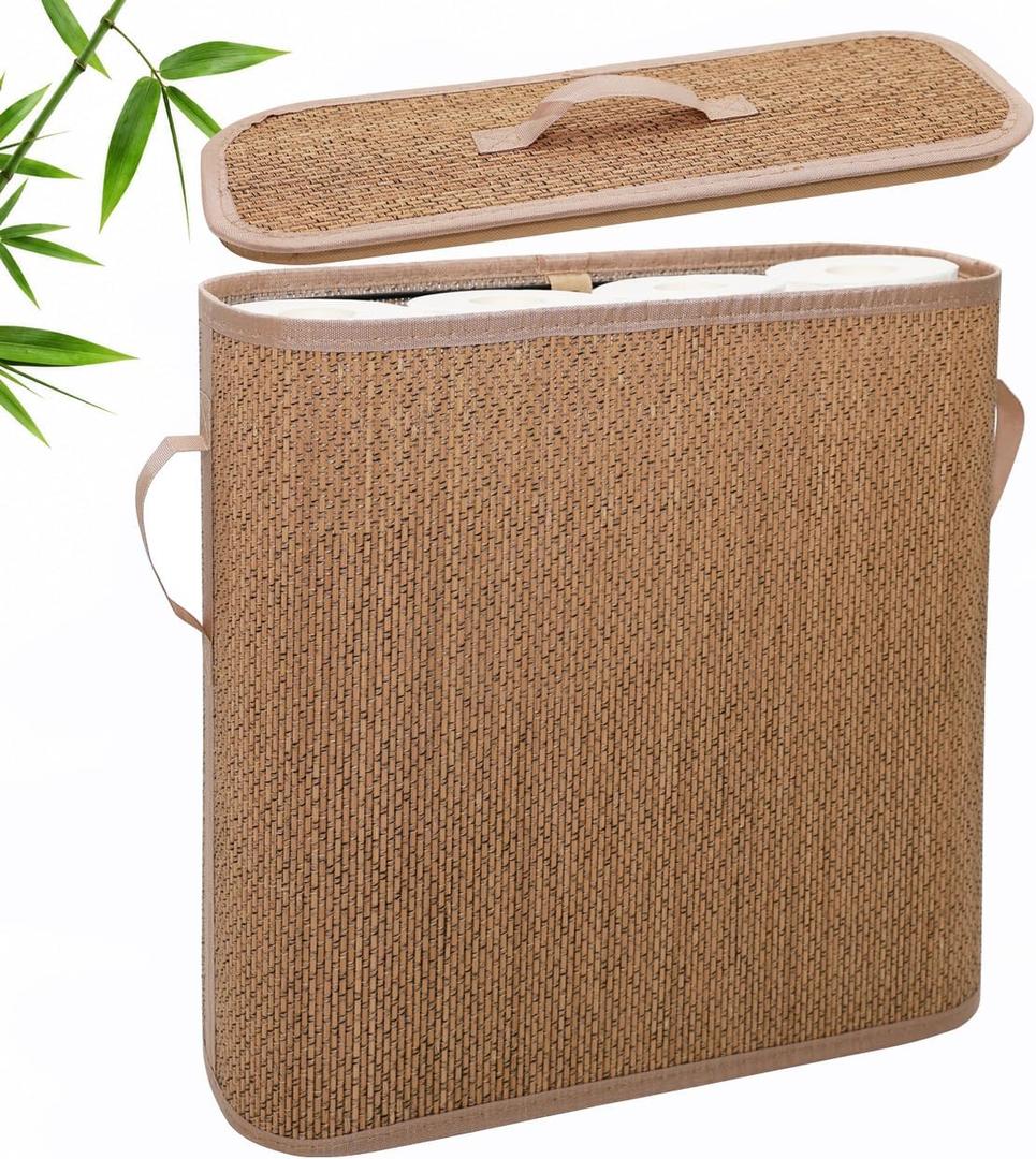 Bamboo Toilet Paper Storage Basket with Lid & Handle