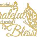 Thankful Grateful and Truly Blessed Art Word Wall Sign Decor, Metal Hanging Wall Home Decoration with Love Heart Butterflies, Iron Letters Sculpture Bedroom Living Room Kitchen (Golden)