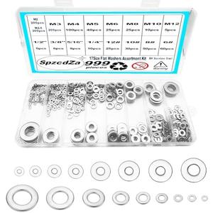 Washers, 999Pcs Washers for Screws, 304 Stainless Steel Flat Washers, Flat Washers for Bolts Assortment, Fender Washers Set, Metal Washers,17Sizes(M2 - M12 and #6-1/2")