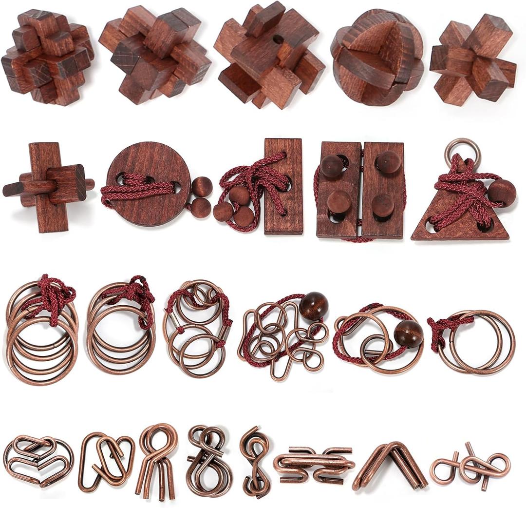 24 Pcs Brain Teaser Puzzles for Adults and Teens - Metal Puzzles 3D Puzzle Game Toys for Adults Teens - Wooden Unlock Interlocking Puzzle Adult IQ Education Smart Toys