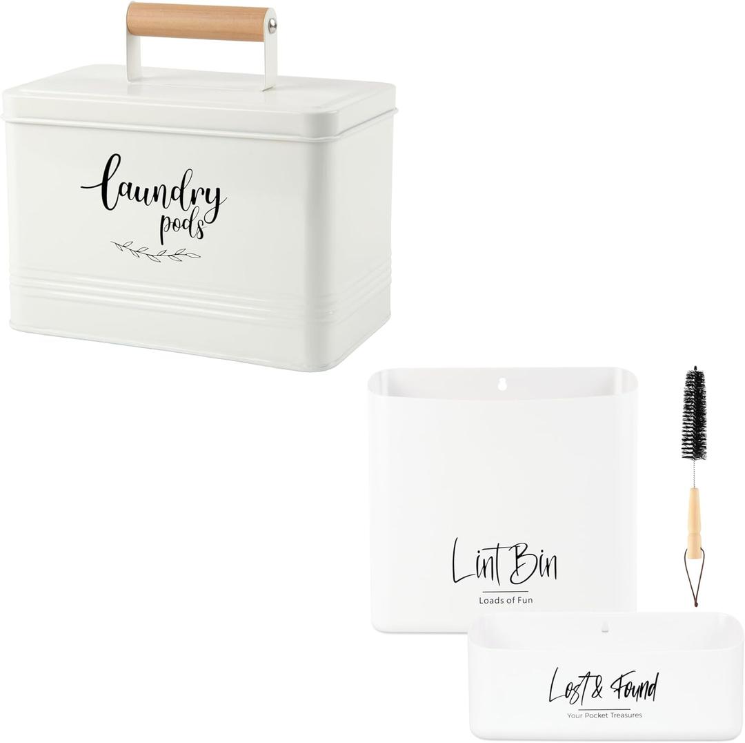 PERFNIQUE Laundry Pods Container with Magnetic Lint Bin for Laundry Room, Modern Farmhouse Laundry Pods Holder with Lid for Laundry Room Decor and Accessories, Large&Small Lint Trash Can Set