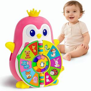 Musical Penguin Educational Toys for 1,2 Year Old Girl Gifts, Bilingual Learning Toy for Toddlers 1-3 Age with 5-Theme Pages, Lights & Music, First Birthday Gift for 1-2 Year Old 12-18 Month (Pink)