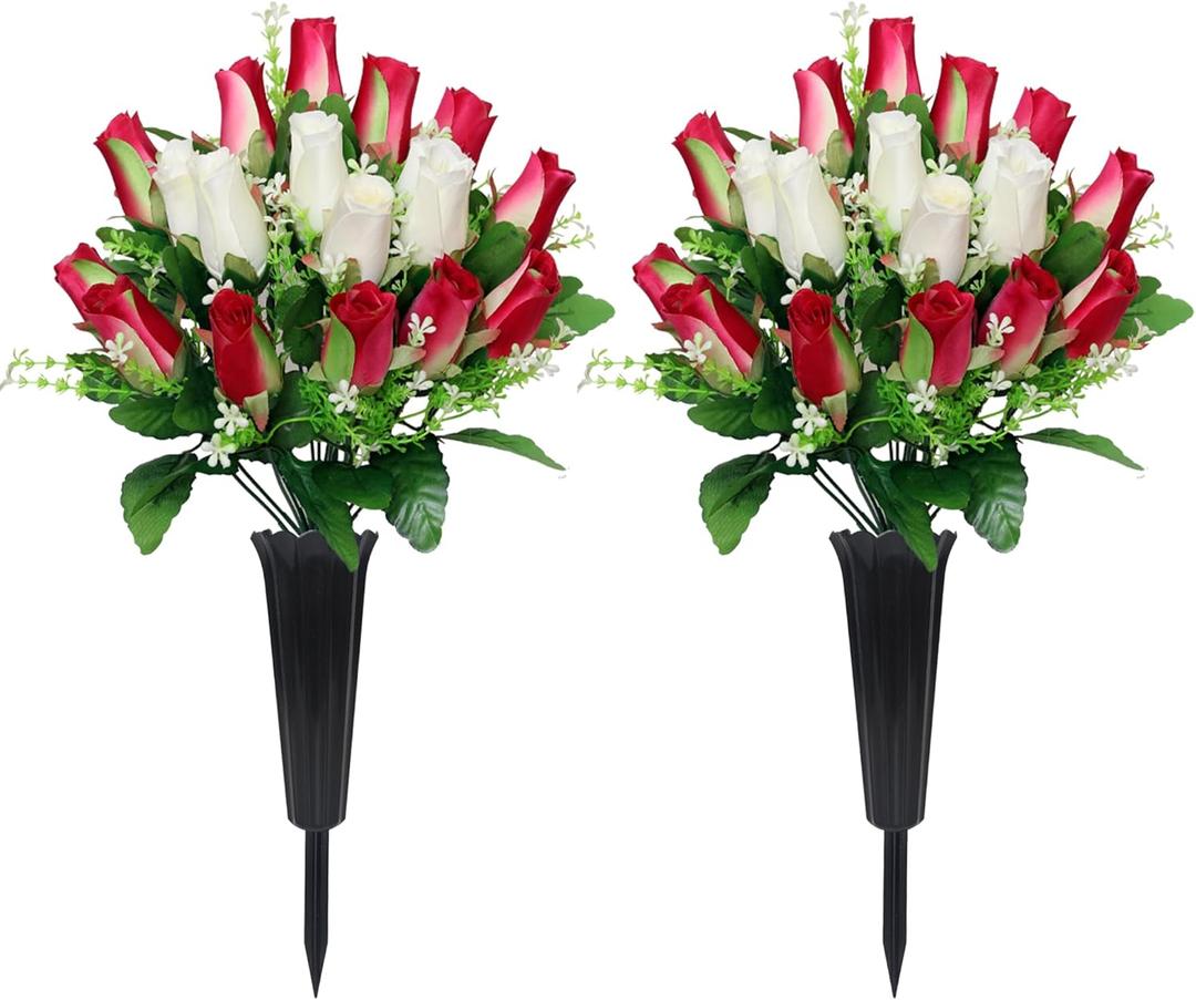 2 Sets Artificial Cemetery Flowers with Vase Memorial Flowers Bouquet & Heavy-Ground Spike Vases Fade-Proof, Windproof Grave Memorial Flowers for Cemetery Headstones Decoration (Rose red white)