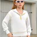 Girls Half Zip Hoodies Kids Fashion Long Sleeve Drop Shoulder Hooded Sweatshirt Pullover 5-14 Years White