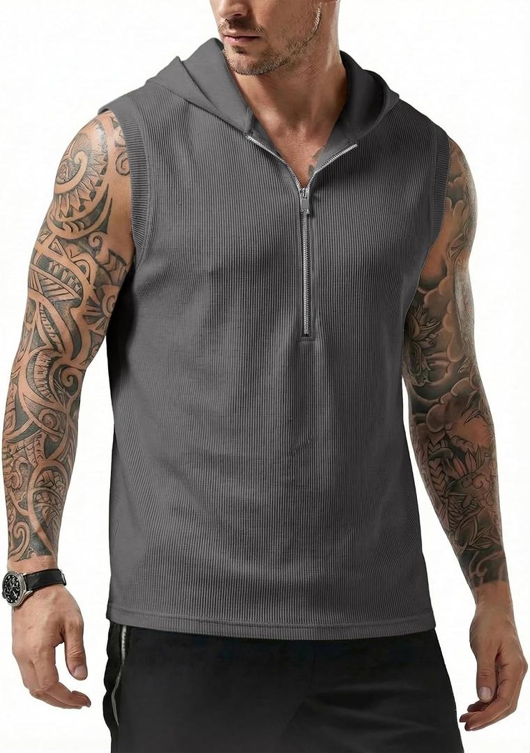 JMIERR Men's Quarter Zip Sleeveless Hoodie Ribbed Muscle Tank Top Gym Workout Vest (Gray, L)