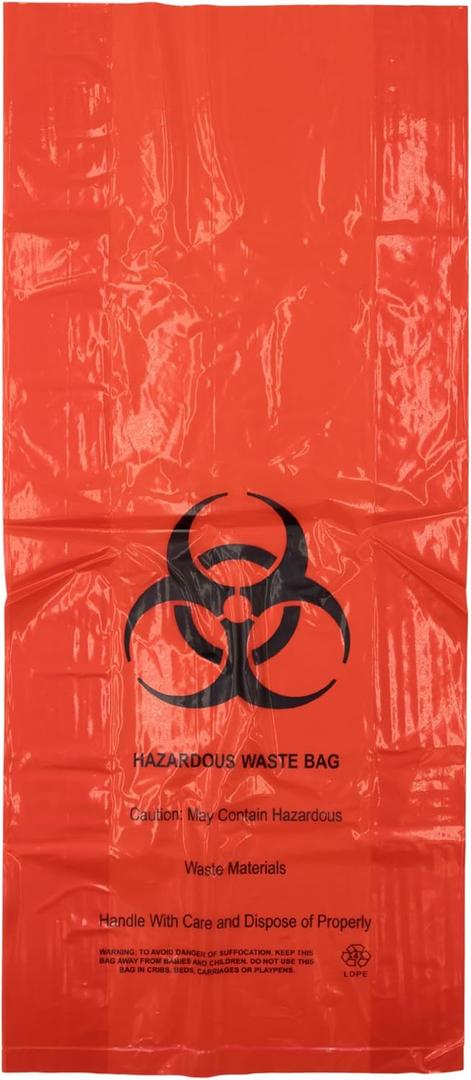 Hazardous Waste Bags - 10"x4"x24" - 200 Bags - 1.4 mil - Red - HAZWASTELD10424 - AssurePak