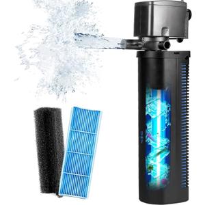 Aquarium Large 100-300 Gallon Fish Tank Filter U-V Dual Spout 600GPH Silent Canister Internal Filter Cold Plunge Tub Koi Pond Filter, Green Clean Machine Deodorization for Saltwater Freshwater