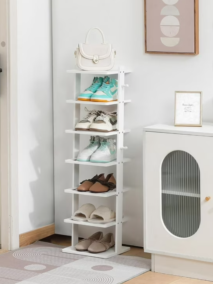 Varhomax White Shoe Rack, 7-Tier Bamboo Vertical Shoe Shelf for Small Spaces and Corner, Wooden Tall Shoe Tower with Hooks for Entryway