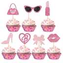 Glitter Pink Princess Cupcake Toppers Girl Cupcake Picks Handbag Glasses Bow Tie Lipstick High Heel Cake Decorations for Girl Princess Theme Bridal Shower Wedding Birthday Party Supplies（32 PCS Pink）