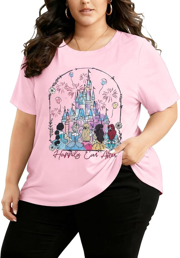 NANYUAYA Plus Size Magic Shirts for Women Castle Kingdom Graphic Magical T Shirt Cute Holiday Princess Tee Vacation Tops, Pink 3XL Plus