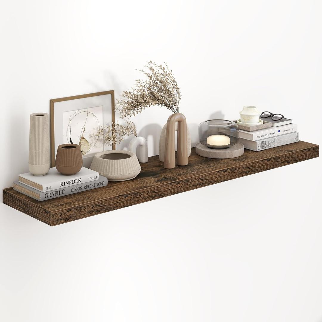 Fun Memories 48 Inch Floating Shelves, 9.3 Inch Deep Wall Shelves for Bathroom, Living Room, Bedroom, Kitchen, Deep Long Shelf Wall Mounted 1 Pack Shelf for Books, Decor, Rustic Brown
