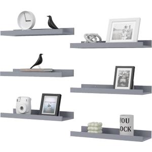 Floating Shelves Set of 6, Grey Wall Shelves with Lip, Display Shelves for Wall Decor, Modern Picture Ledge for Living Room, Bedroom, Nursery, Bathroom, Pictures, Books, Plants- Grey