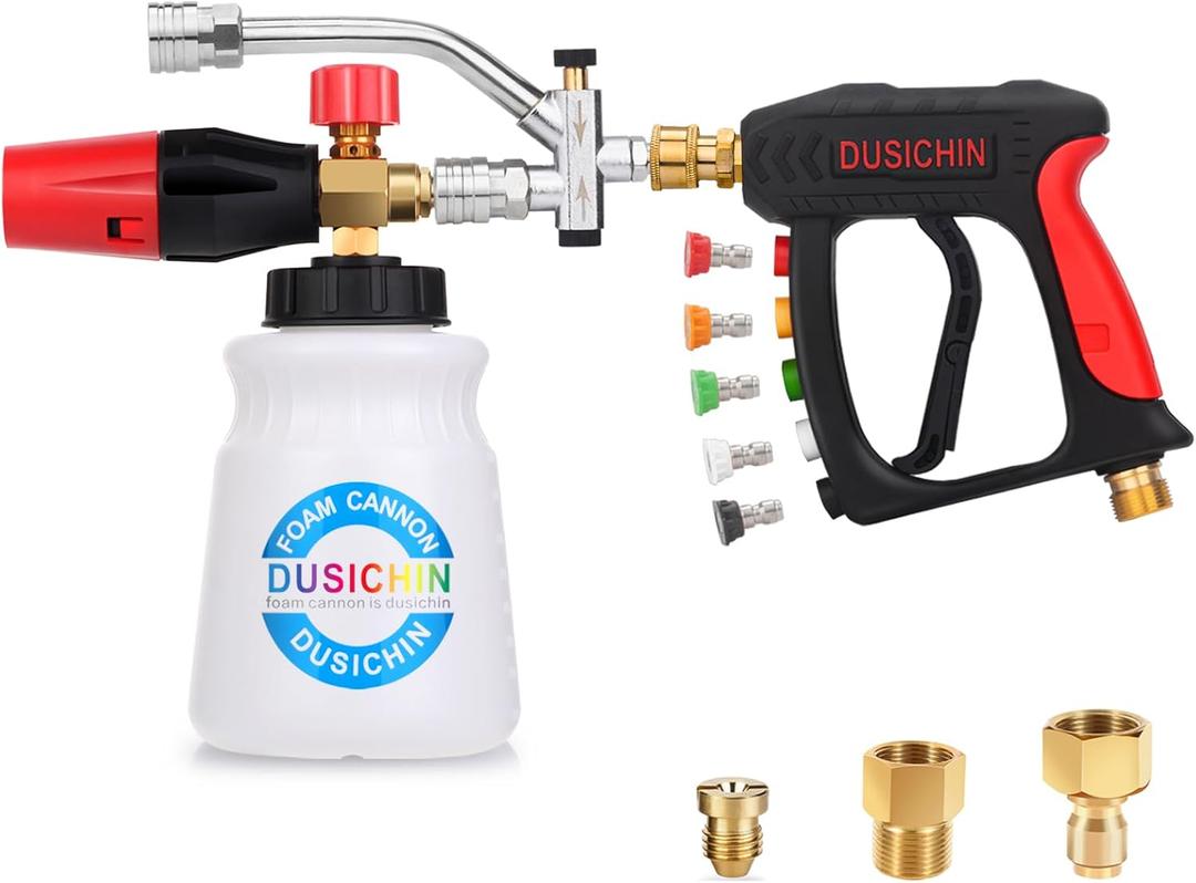 DUSICHIN Short Wand Pressure Washer Gun Foam Cannon 1/4" Quick Connector Pressure Washer Accessory,Car Wash Foam Gun Dual Ended Shift Connector 5 Pressure Washer Nozzles M22-14, M22-15 Brass Fittings