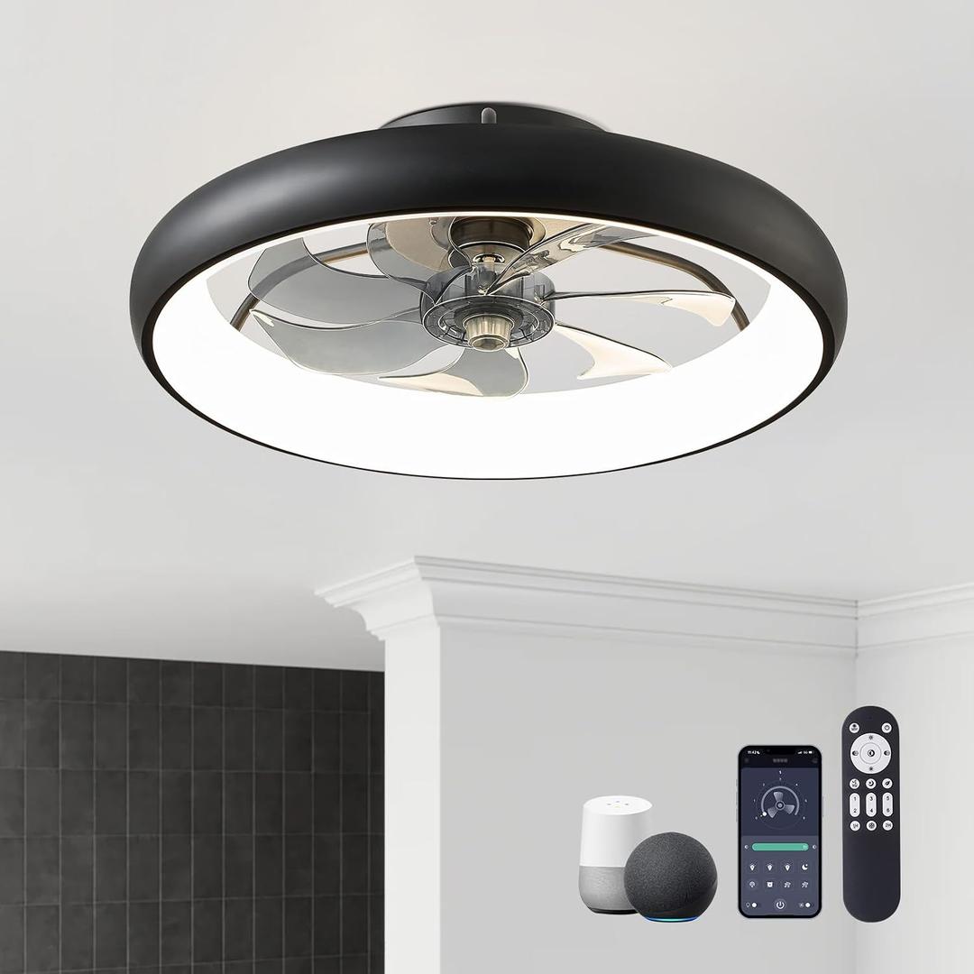 Ceiling Fans with Lights and Remote, 20'' Low Profile Flush Mount, 6 Wind Speeds, Modern Dimmable LED Ceiling Fan, Smart Ceiling Fan for Bedroom, Kids Room (Black)